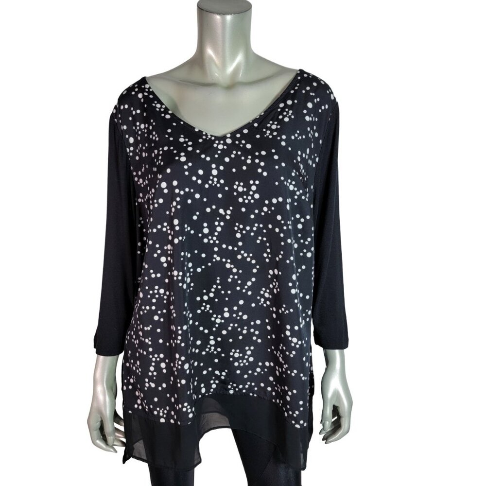 Lane Bryant Top Plus Size 22/24 Lightweight V-Neck Hi-Lo Stretch Polka Dot Black